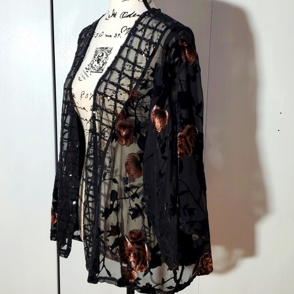 POL- Whimsigoth Black sheer open Cardigan Velvet burnout Floral sequin Sz.M/L - Picture 6 of 10